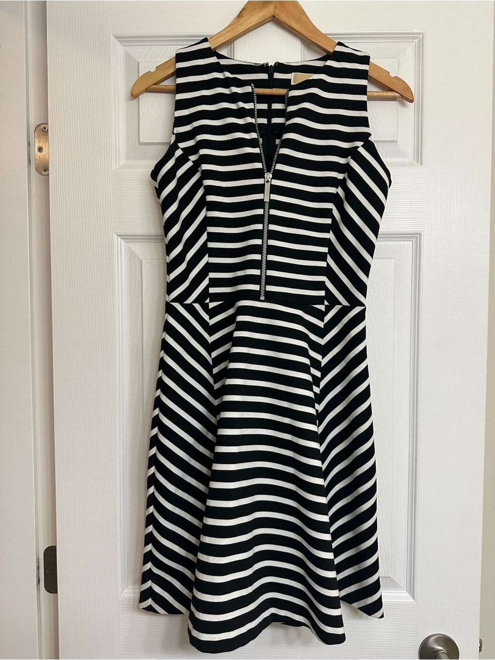 Michael Kors Black & White Striped Zip-Front Fit-and-Flare Mini Dress